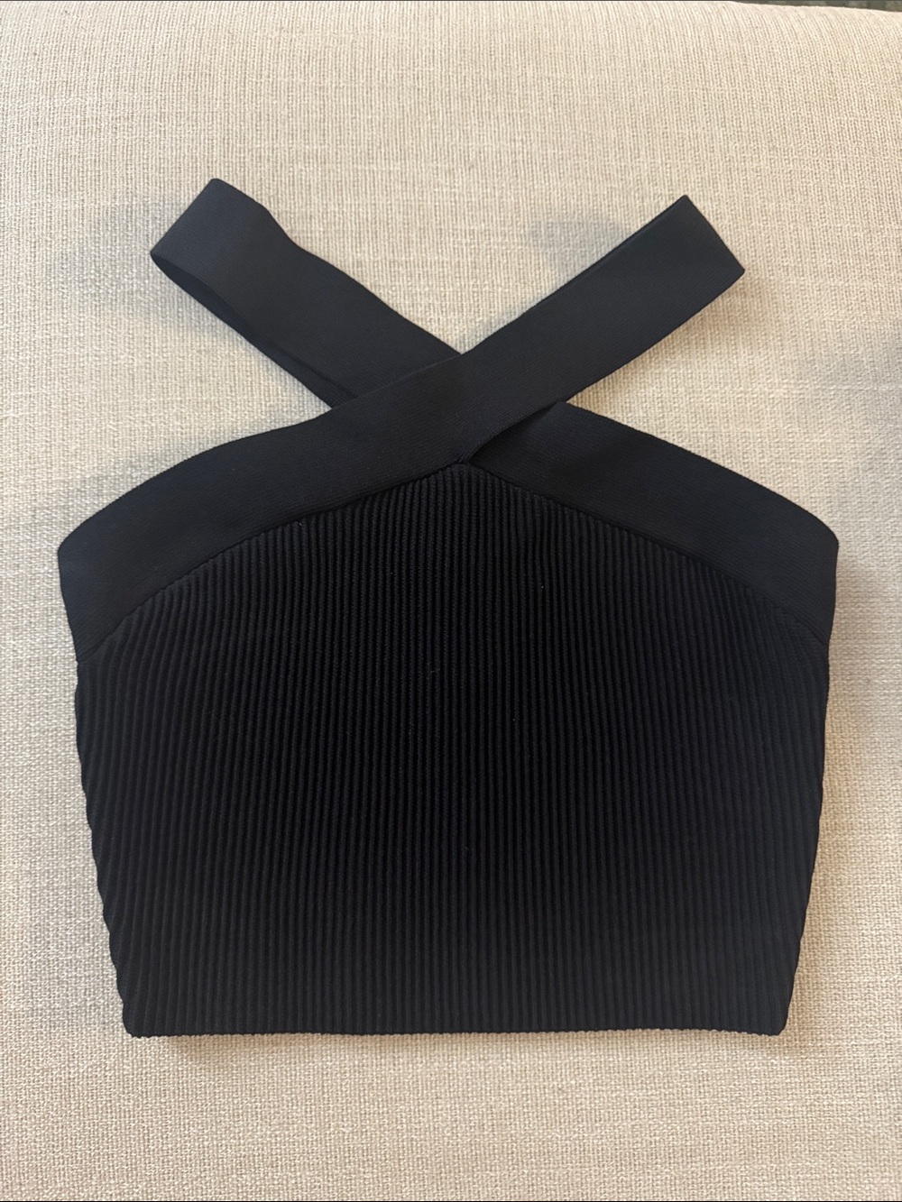 Babaton Black Cross-Front Ribbed Crop Top